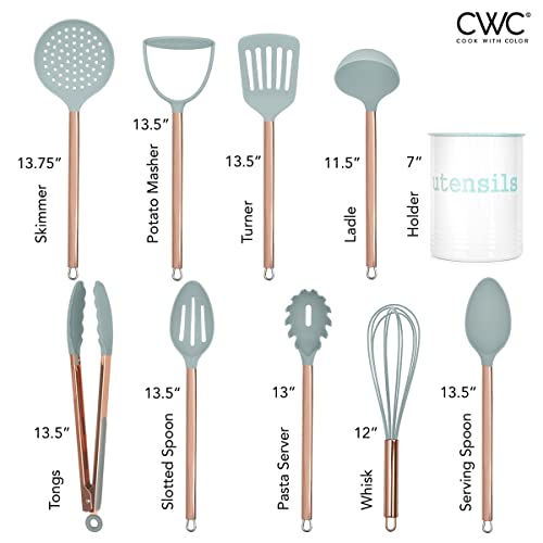 Cook With Color 10 Piece Nylon Cooking Utensil Set With Holder, Kitchen Tools And Gadgets With Rounded Copper Handles - Mint #TOP2