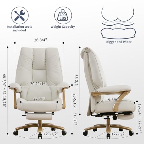 Image of EXCEBET Big and Tall Executive Office Chair with Footrest, 400LBS Capacity Ergonomic High-Back Desk Office Chair with Lumbar Support, Padded Armrests & Thick Cushion, White PU Leather Chairs
