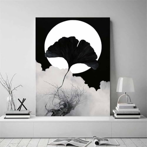 Poster Ginkgo Noir et Blanc 70x100cm Toile Moderne Lumineuse pour Salon