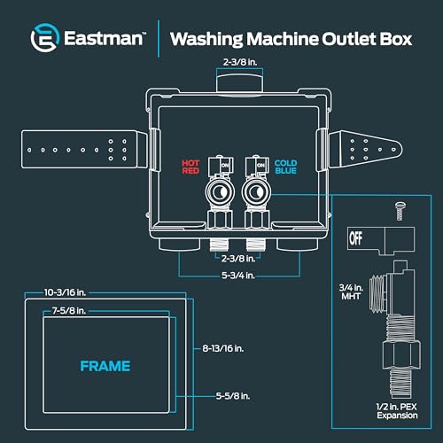 Image of Eastman 1 /2 Inch Expansion PEX Connection x 3 /4 Inch MHT Washing Machine Outlet Box, Push to Connect Brass Plumbing Fittings, Double Drain, 60261
