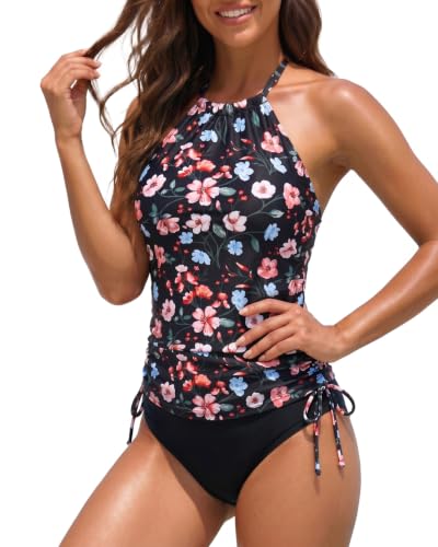 Image of Womens Two-Piece Tankini Set Cow Skull with Leopard Print Sets Swimwear Tankini Top Sets Swimwear