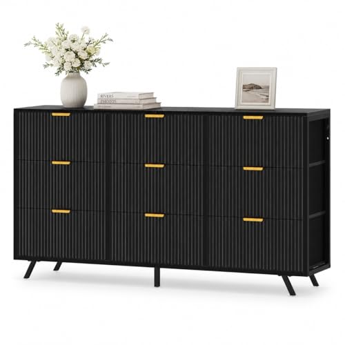 HealSmart 9 Drawer Dresser for Bedroom 57 Wide Modern Chest of Drawers Fluted Dresser 9 Drawer Fabric Dresser Dresser TV Stand Chest of Drawers for Bedroom Living Room Closet