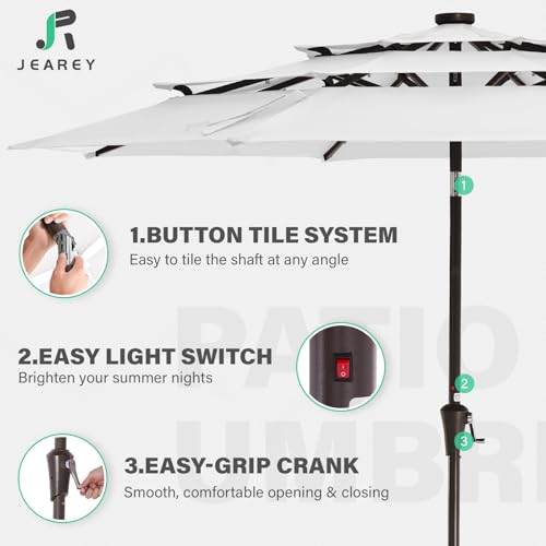 Image of JEAREY 3 Tiers Patio Umbrella with Solar Lights 9ft Outdoor Market Table Umbrellas with Push Button Tilt for Outside Pool Garden, Creamy-white