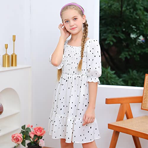Girls Dress Toddler Girl Print Dress Summer Knee Length Ruffle Halter Sleeveless Kids Casual Beach Party Dresses1-13 Years (13-14 Years, White Dots Dress) #TOP2