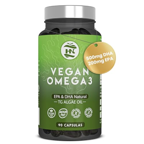 Omega 3 Vegano de Algas Omega3 Aceite de Algas equilibrado con DHA y EPA, Omega-3 Algas Marinas con Vitamina E, Ideal para Cerebro y Corazón, Suplemento para Veganos-Vegetarianos (90)