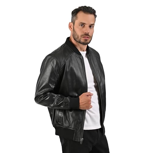 Frye MEN’S CLASSIC LEATHER BOMBER JACKET, GENUINE LEATHER, RIBBED KNIT COLLAR, CUFFS AND HEM – BLACK COLOR2