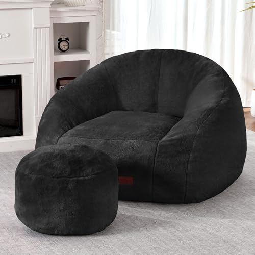 Image of HABUTWAY Bean Bag Chair, Giant Bean Bag Chairs for Adults with Ottoman, Comfy Faux Fur Shell-Shaped Bean Bag Couch, Sofa Chair for Living Room, Bedroom, Black