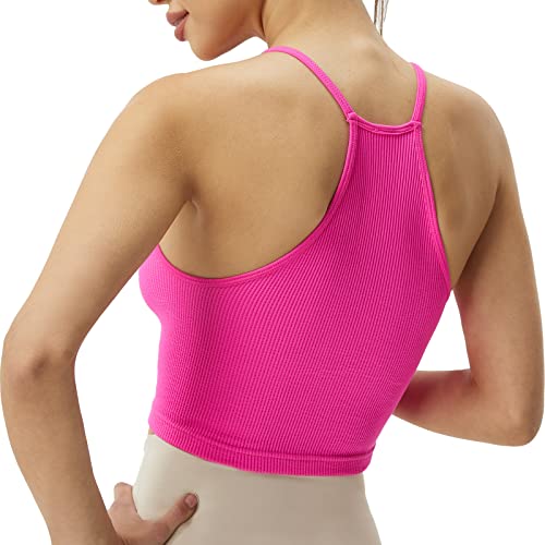 Attifall Ribbed Crop Tank Top For Women Seamless Racerback Spaghetti Strap Cami Workout Sports Cropped Tops(58016 Sonic Pink-L/Xl) #TOP2