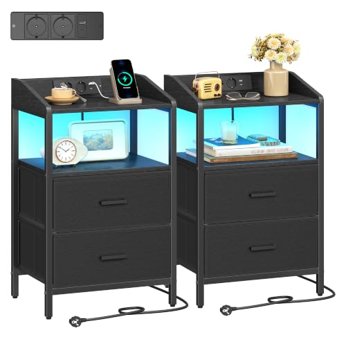 Hzuaneri Table de Chevet avec 2 Tiroirs de Rangement en Tissu, Multiprise
