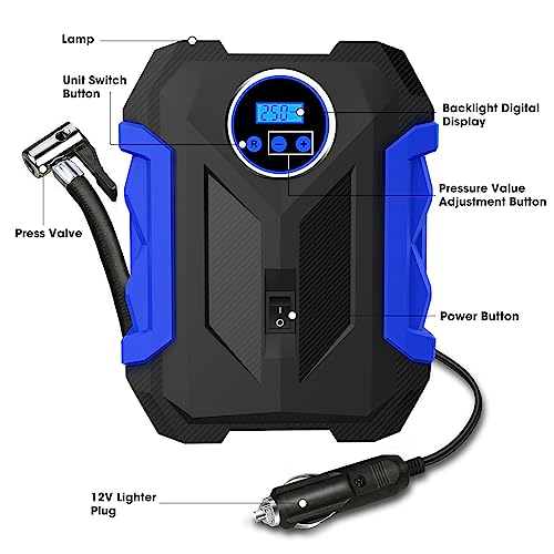 Digital Air Compressor For Car Auto Pump Portable Tire Inflator With Led Light Dc 12V, Blue #TOP1