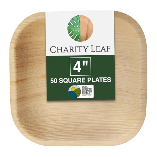 Charity Leaf Disposable Palm Leaf 4" Square Plates (50 pieces) Bamboo Like Serving Platters, Disposable Boards, Eco-Friendly Dinnerware For Weddings, Catering, Events