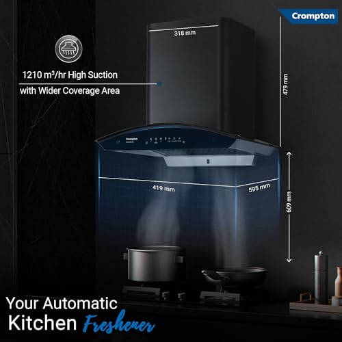Image of Crompton SensoSmart 60 cm Curved Glass Kitchen Chimney with 1210 m /hr Suction, Smart On & Intelli Auto-Clean | Silent Kitchen Chimney with Filterless (Black)