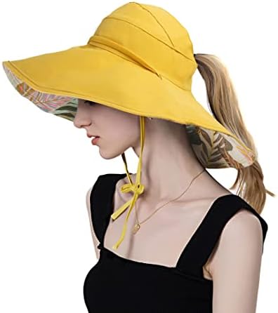 Koreshion Women Ponytail Sun Hat Reversible Fishing Hat Foldable Bowknot Summer Hat UPF 50+ Beach Cap Wide Brim Bucket Hat Yellow