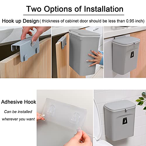 Tiyafuro 2.4 Gallon Kitchen Compost Bin For Counter Top Or Under Sink, Hanging Small Trash Can With Lid For Cupboard/Bathroom/Bedroom/Office/Camping, Mountable Indoor Compost Bucket, Gray #TOP3