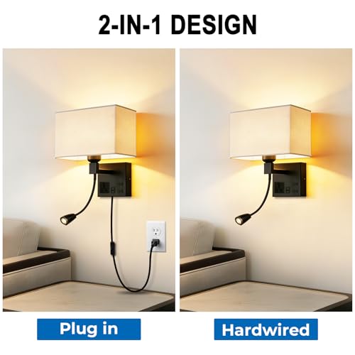 Image of Plug in Wall Sconce, Bedside Wall Lamp for Bedroom with AC Outlet & USBA+C Charging Port, Wall Mounted Reading Light with 360Adjustable, Black Headboard Lamps with 3 Color Temperature