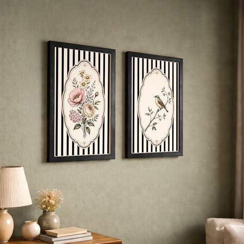 Image of NoWorries Vintage Floral & Bird Wall Art Set of 2 Framed Prints for Living Room Bedroom Office | Black Stripe Botanical Wall Decor with Wooden Frame (Art-10, 10x13inch)