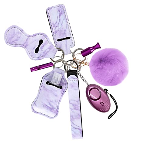 Keychain Set for Women,Portable Light with Sound,Whistle,Wrist Lanyard,Chapstick Holder Keychain,Pom Pom,Reusable Bottle Container and Covers,Light Purple,9PC