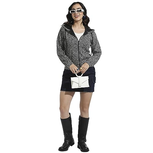 Image of PINACOLADA Women's Grey Zip-Front Horizontal Striped Hoodie for Casual Wear | Hooded Neck | Long Sleeve | Zipper Closure | Cotton Sweatshirt Crafted with Comfort Fit for Everyday Wear