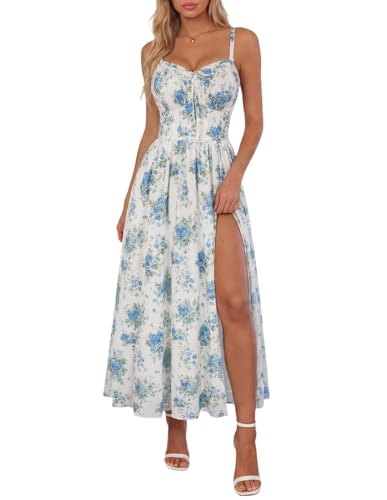 Scarlet Darkness Floral Dress for Women 2026 Corset Milkmaid Sundress Wedding Guest Dresses White Blue Floral M