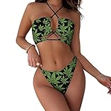 Pot Leaves Weed Women's Two Piece Bikini Set Halter Neck Swimsuit Bathing Suits Sexy Swimwear 2XL