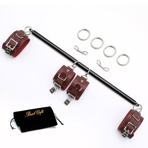 Pilates Spreader Bar Black Exercise Bar with 4 Red PU Adjustable Straps, Stainless Steel Leg Bar for Home, Yoga Sports Training Fitness Gear, Yoga Gift