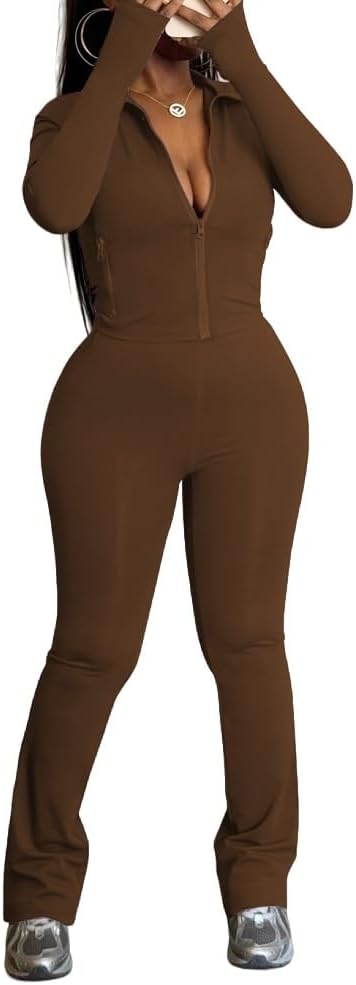 HBQ Women's Zip Up Tracksuit Set Long Sleeve Flare Pants