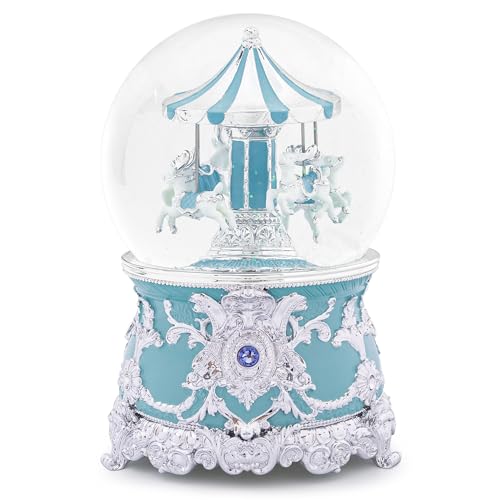 Carousel Music Box Moose Silver & Turquoise Christmas Snow Globes, 7.1" Rotate Carousel Snow Globe for Kids & Adults, Classic Wind up Musical Snow Globe Valentines Day Gifts for Women Girls Home Decor