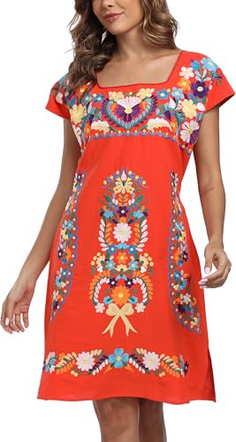 Image of YZXDORWJ Women Mexican Embroidered Dress Ruffle Collar Sleeveless