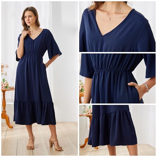 Image of Women's Summer Short Sleeve Maxi Floral Flowy Dresses with Pockets