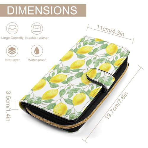 Green Leaf Yellow Lemon Pattern Leather Wallets Large Capacity Zipper Pocket Card Holder with ID Window, 19.7x11x3.5cm2