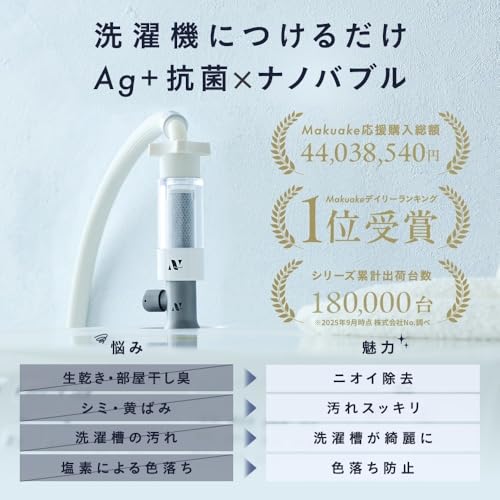 undefined Noend オーガニックファインバブル洗濯機アダプター ナノバブル発生器 【汚れ除去 | 洗濯槽洗浄】 【AG+抗菌 | ニオイ除去】 【99% 塩素除去 | 色落ち防止】 【国内ブランド | 特許取得| 日本初】 【タテ型洗濯機/ドラム式洗濯機対応｜工具不要】 グッドデザイン賞2024年度受賞 (活性炭フィルター1本付属) (アダプター＆フィルターケースセット/シルバー) の商品画像 1