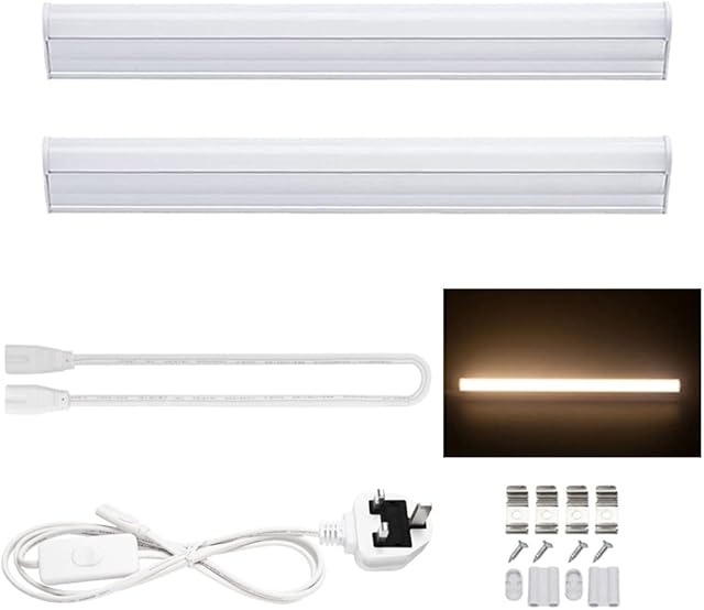 30cm T5 LED Integrated Light Fixture, 5W 3000K Warm White with ON/Off Switch UK Power Plug, Fluorescent Light Bulbs Replacement for Kitchen/Under Cabinet/Ceiling/Garage/Office/Shed/Shop 2-Pack