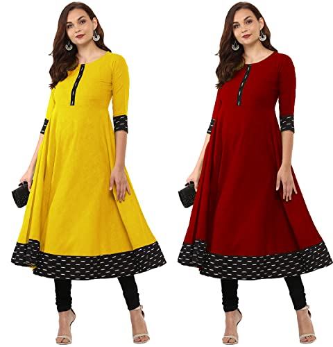 Image of NATEK Cotton Anarkali Printed Border Kurtis for Women Combo Pack of 2