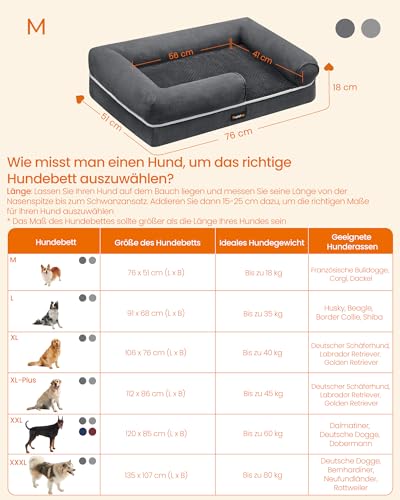 Feandrea Orthopädisches Hundebett, Hundekissen, Hundekorb, weiche Polsterung, Hundesofa, erhöhte Ränder, Bezug abnehmbar und waschbar, 76 x 51 x 18 cm, rutschfeste Unterseite, dunkelgrau PGW074G01V1