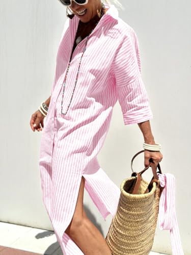 Image of chouyatou Women's Summer 3 /4 Sleeve Striped Shirt Dress Belted Maxi Long Casual Button Down Beach Dress