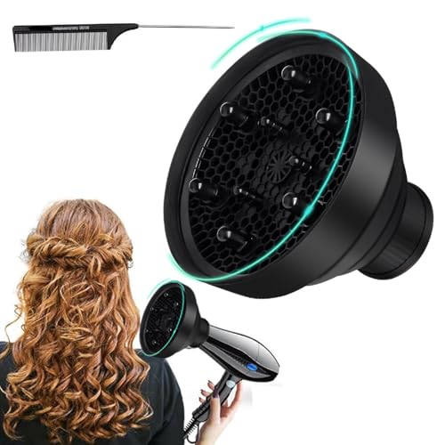 Universal Plegable Difusor De Cabello,Difusor Secador De Pelo,Difusor De Secador De Pelo Plegable PortáTil,Difusor Para Secador Silicona Con Peine De Cola Para Viajes Y Pelo Rizado(Negro)