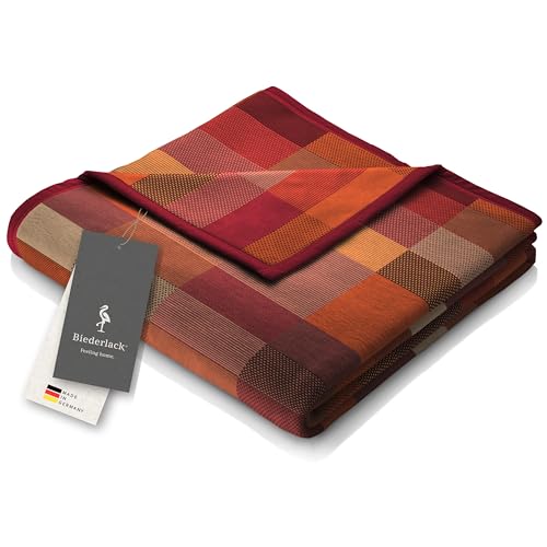 biederlack® flauschig-weiche Kuscheldecke aus Baumwollmischgewebe I Made in Germany I Öko-Tex I nachhaltig produziert I Wohndecke Color Squares Terra in orange-rot I Sofa-Decke in 150x200 cm