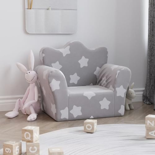 sephironlbb Sofá infantil gris claro con estrellas de felpa suave, 54 x 34 x 45 cm, funda extraíble, acolchado con espuma, seguro y cómodo para jugar, leer y relajarse en la habitación de los niños