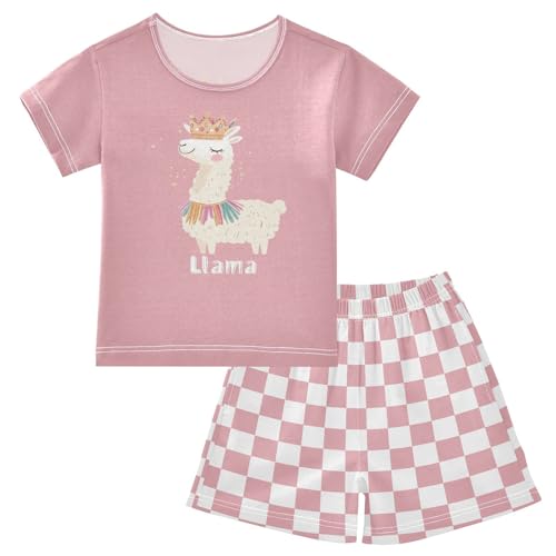 Checkerboard Plaid Llama Colorful Rose Pajama Set Short Sleeve Pajamas Shorts Sets Cotton PJS 2 Piece Clothes Set 5Y