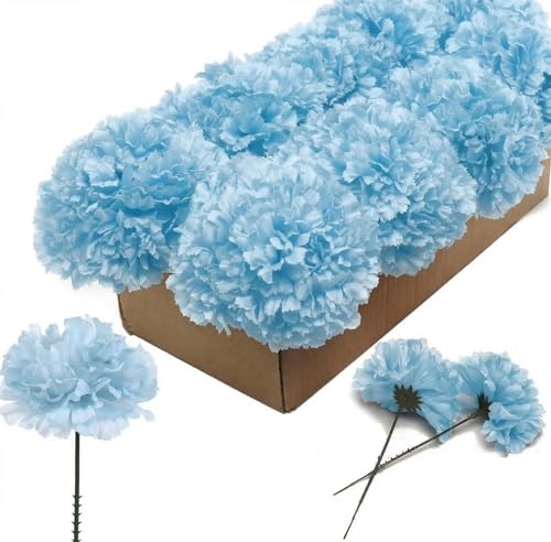 Larksilk 100 Pack Artificial Carnations - Bulk Silk Flowers for Weddings, Mother's Day, Graduations, Easter & Memorial Day - 3.5" Heads, 5" Stems, Real Touch Petals, 18 Colors Available - Blue