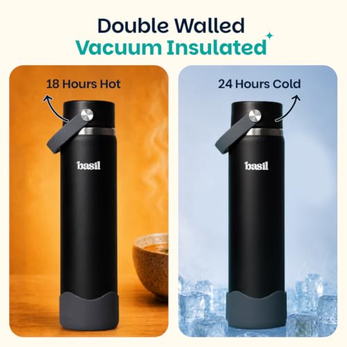 Image of Basil HydraFizz Stainless Steel Insulated Water Bottle for Kids & Adults | 800ml Leakproof Sipper Bottle with Carry Handle | Double Wall Vacuum Thermosteel Bottle for Home, & Travel | Classic Black