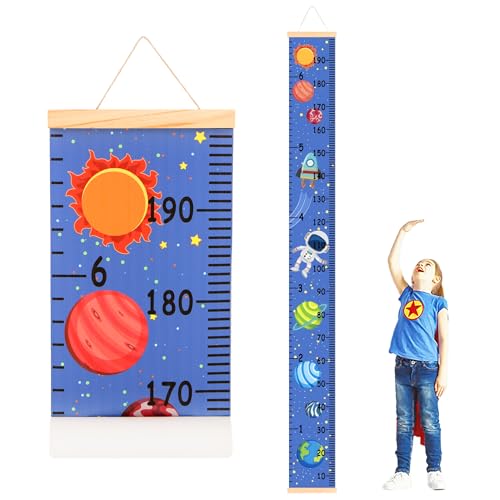 DOOLMIN Baby Height Growth Chart, Canvas Height Measuring Chart for Kids Child Toddler Boys Girls, 79\" x 7.9\" Hangable and Removable Waterproof Wood Ruler for Wall Room Nursery Décor (Blue Planet)