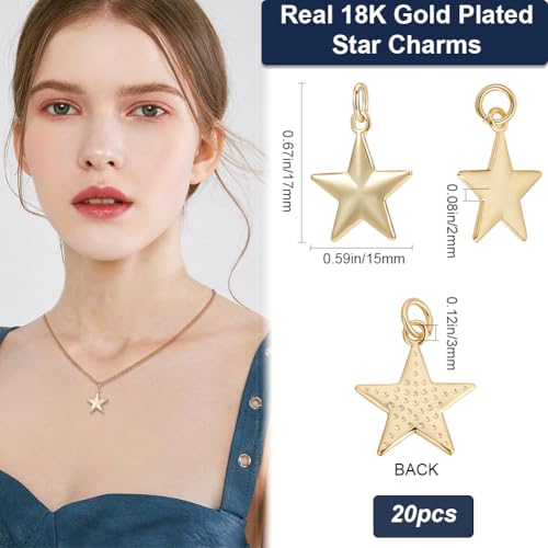 Beebeecraft 1 Box 20Pcs Star Charms Real 18K Gold Plated Five-Pointed Dangle Pentagram Charms with Jump Ring for Jewelry Making DIY Earring Necklace Bracelet - Image 2