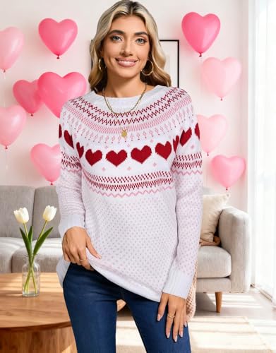 Image of Women's Fair Isle Sweater Crew Neck Long Sleeve Heart Sweater Vintage Tops