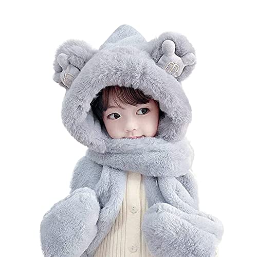 Image of Kids Winter Hat Scarf Mittens 3 in 1 Faux Fur Hat Hooded Scarf Earflap Cap Neck Warmer Fuzzy Hoodie Ski Snow Cap Gloves Set