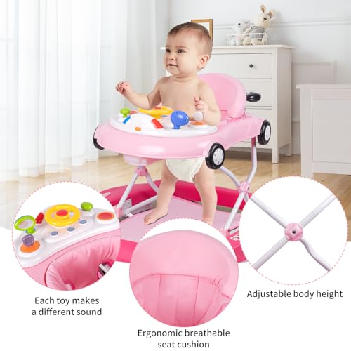5-in-1 Baby Walker with Wheels, Activity Walker, Car, Bouncer & Rocker - Adjustable Music, Speed Wheels & Height - Ages 7-18 Months (Pink)