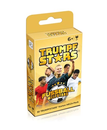 TRUMPFSTARS Fußball Weltstars - 50 Karten mit 50 Top Stars des Weltfußballs - Kartenspiel für 2-8 Spieler - ab 6 Jahren - Deutsche Sprache – Modernes Design - Plastikfrei - Fußballkarten - Qualität