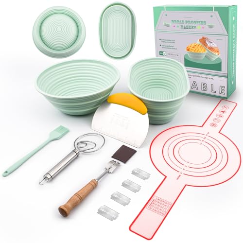 NCRexpanse Silicone Banneton Bread Proofing Basket Oval, Sourdough Starter Kit, Bread Making Tool Supplies Accessories, Bowl for Rising Baking Round Brotform Set Homemade Essentials (Light Green)