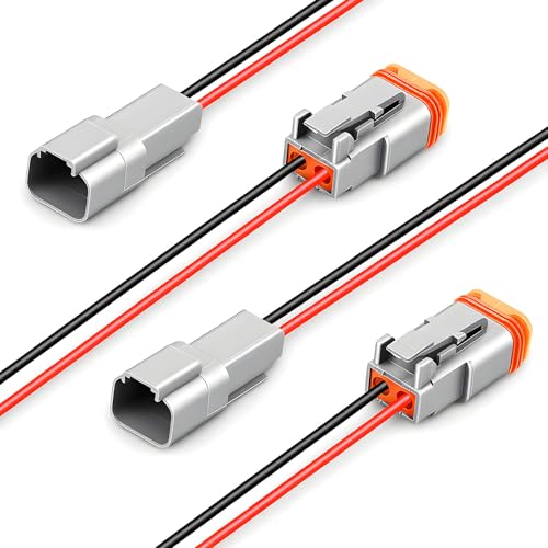 2 Pin Waterproof Connectors with 12 AWG Cable Wire, 2 Pairs DT Automotive Electrical Plug Kit, Male Female Wiring Harness Connector for Car Boats LED Work Light Bar Truck