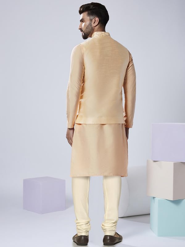 Image of KISAH Men Printed Kurta Jacket Set, Full Sleaves, Knee Length, Straight, Regular Fit, Mandarin Collar Ethnic Wear